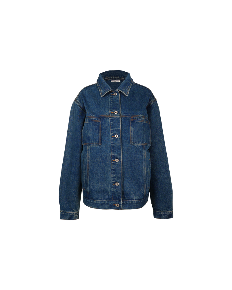 EDDIE DENIM JACKET  INDIGO | Slouchy fit denim jacket in an indigo wash, with 2 front patch pockets and 2 side pockets. With contrast stitching his retro-inspired piece is great for layering.