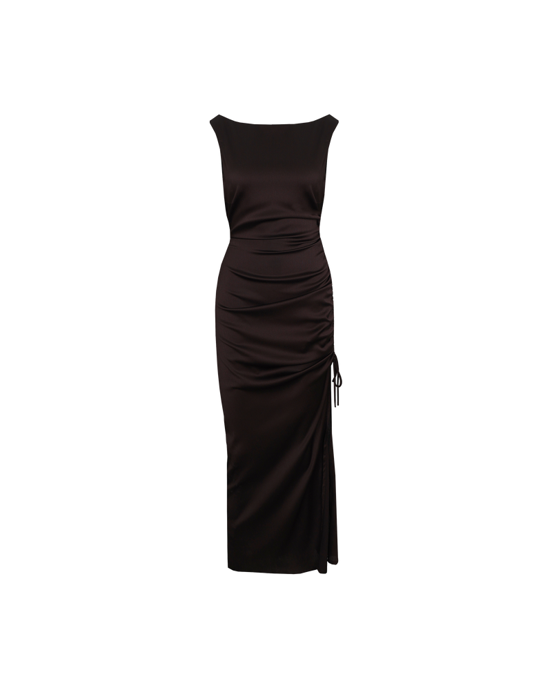 ERCOLINI MAXI DRESS JAVA | Maxi dress with a wide straight neckline and side split cut in a luxe textured java fabric. Features a drawstring at the side seam that creates ruching across the body.