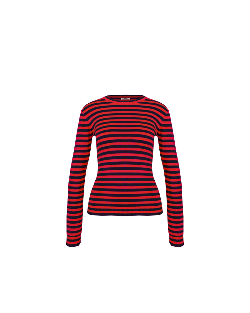 ESME LONGSLEEVE NAVY STRAWBERRY | Long sleeve navy and strawberry striped top, with a super soft hand feel in a mid-weight viscose blend knit. This piece will become an everyday staple.