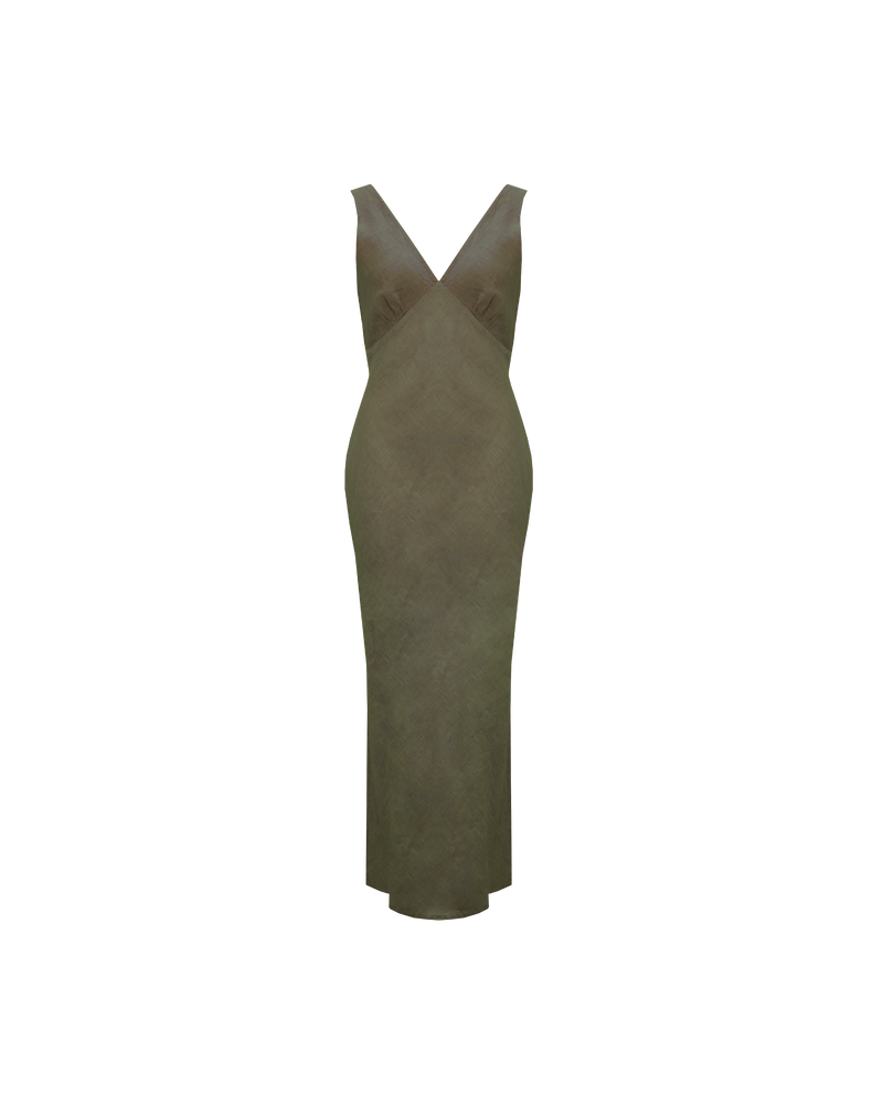 ESME LINEN SLIP DRESS KHAKI | Bias cut midi dress in a soft khaki linen. Wide straps and a paneled V-neck front and back give this dress a vintage shape. Features a waist tie and side...