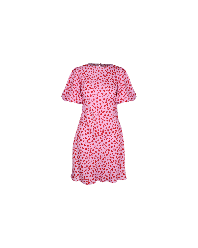 ESME TIE MINI DRESS PINK SCATTER HEARTS | Bias cut mini dress with puff sleeves, waist tie and a keyhole button closure at the back neck. Designed in our RUBY 'scatter hearts' print, the bias silhouette of this...