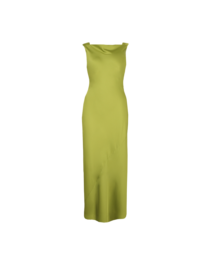 FIREBIRD COWL GOWN PEA GREEN | Sleeveless dress crafted in luxe pea green satin. Features a minimal silhouette with a cowl back detail and a tie to cinch in the waist.