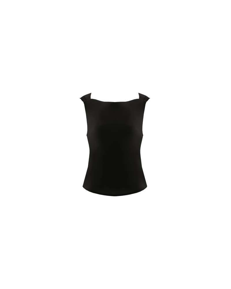 FIREBIRD COWL SLEEVELESS TOP BLACK SATIN | Sleeveless top crafted in a luxe black satin. Features a minimal silhouette with a cowl back detail and a tie to cinch in the waist.
