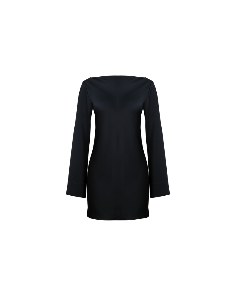 FIREBIRD SATIN COWL MINI DRESS BLACK | 
Long sleeve mini dress crafted in lush black satin. A minimal silhouette with a cowl back detail and a tie to cinch in the waist.
