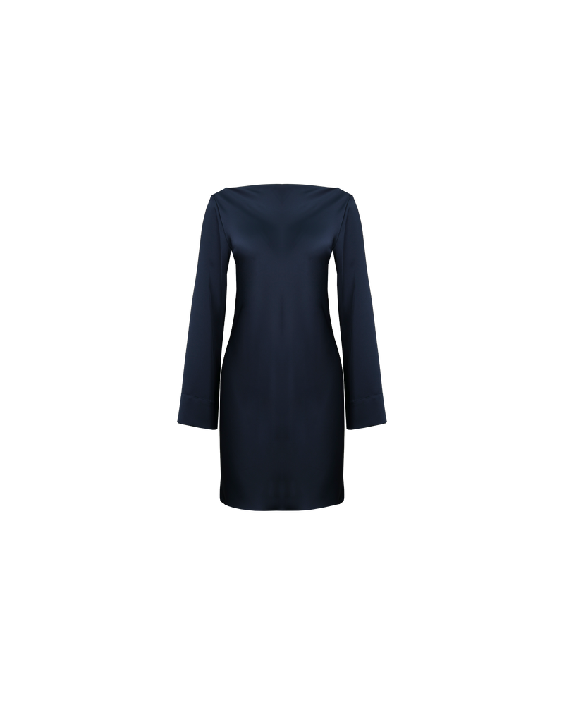 FIREBIRD SATIN COWL MINI DRESS INK | Long sleeve mini dress crafted in lush ink satin. A minimal silhouette with a cowl back detail and a tie to cinch in the waist.