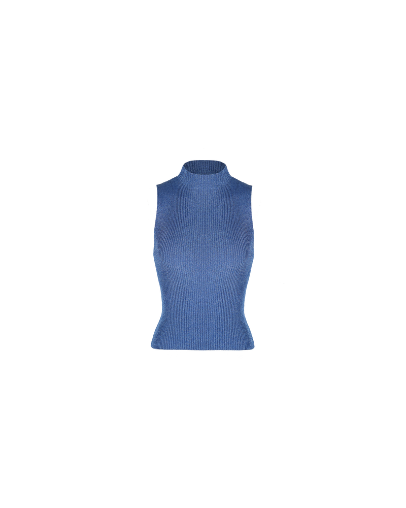 FLASH TANK - UPSIDE DOWN SAPPHIRE | Sleeveless mock neck top crafted in a standout chain mail knit in a metallic blue colour. The weight of this knit feels and looks luxurious to wear. See my quirk below for...