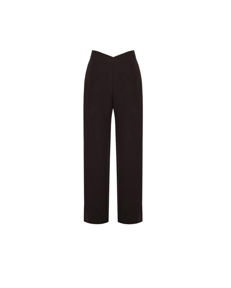 FRANKA PANT PETITE JAVA | High waisted java colour wide leg pant with a crossover waistband in our petite length. The waistband is thick and fits closely to the form, while our new suiting fabric creates structure...