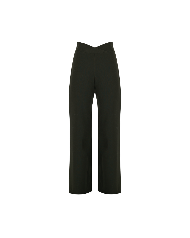 FRANKA PANT PETITE OLIVE | High waisted olive colour wide leg pant with a crossover waistband in our petite length. The waistband is thick and fits closely to the form, while our new suiting fabric creates structure...