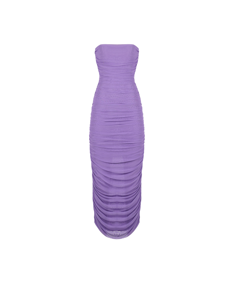 GINNI MESH DRESS WISTERIA | Form fitting sleeveless tube dress in an wysteria coloured mesh with gathered side seams that create ruching that gently accentuate the contours of your silhouette. Created in a stretchy fabric,...