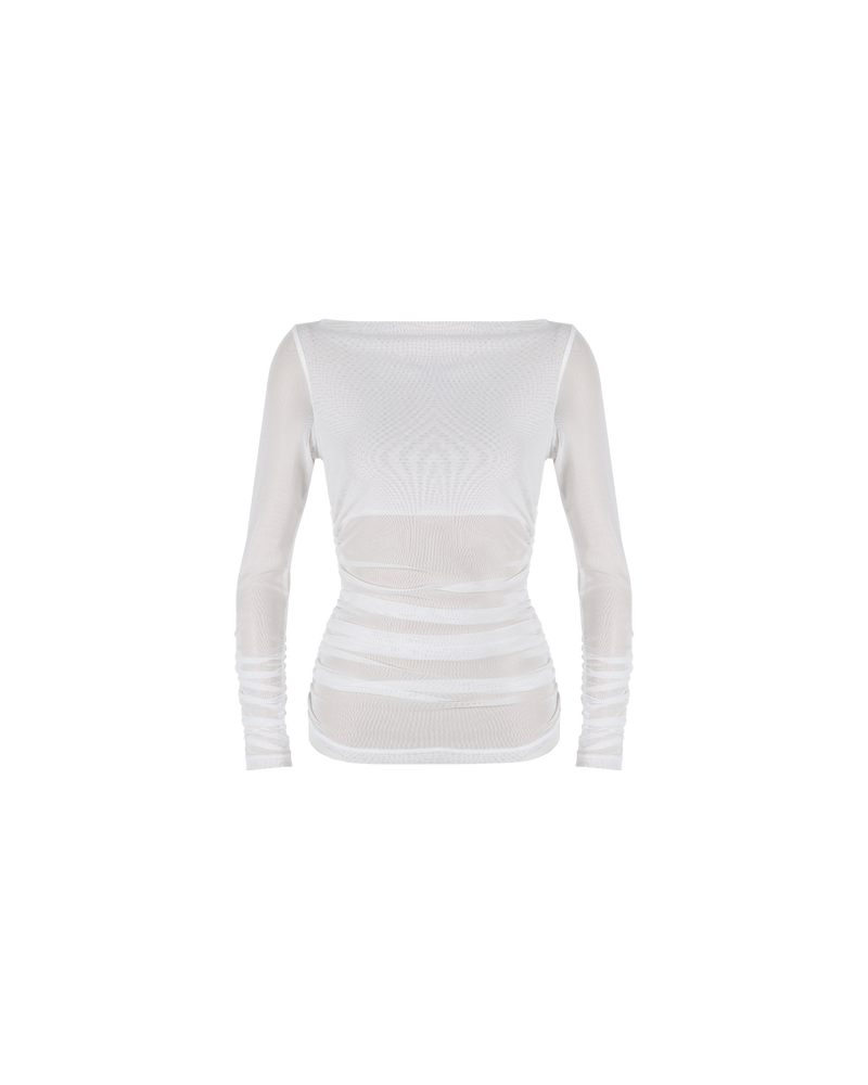 BOUNCE MESH LONGSLEEVE OPTIC WHITE | Form fitting stretchy mesh longsleeve with gathered side seams that create ruching along the arms and through the body that gently accentuates the contours of your silhouette. Created in a...