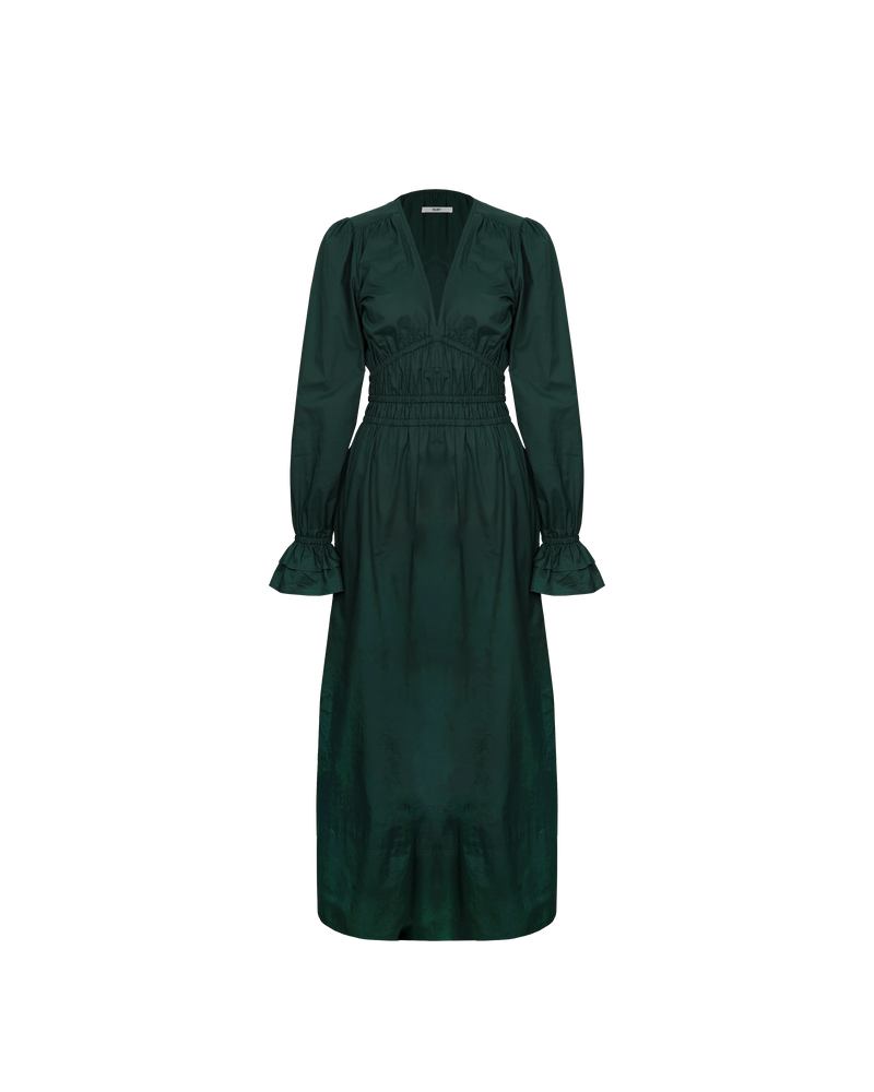 HANNA MAXI DRESS PINE | 
Longsleeve maxi dress with a plunge neckline, elastic cuffs with ruffle detailing and side split designed in a pine cotton. The shirring at the waist accentuates the full skirt.