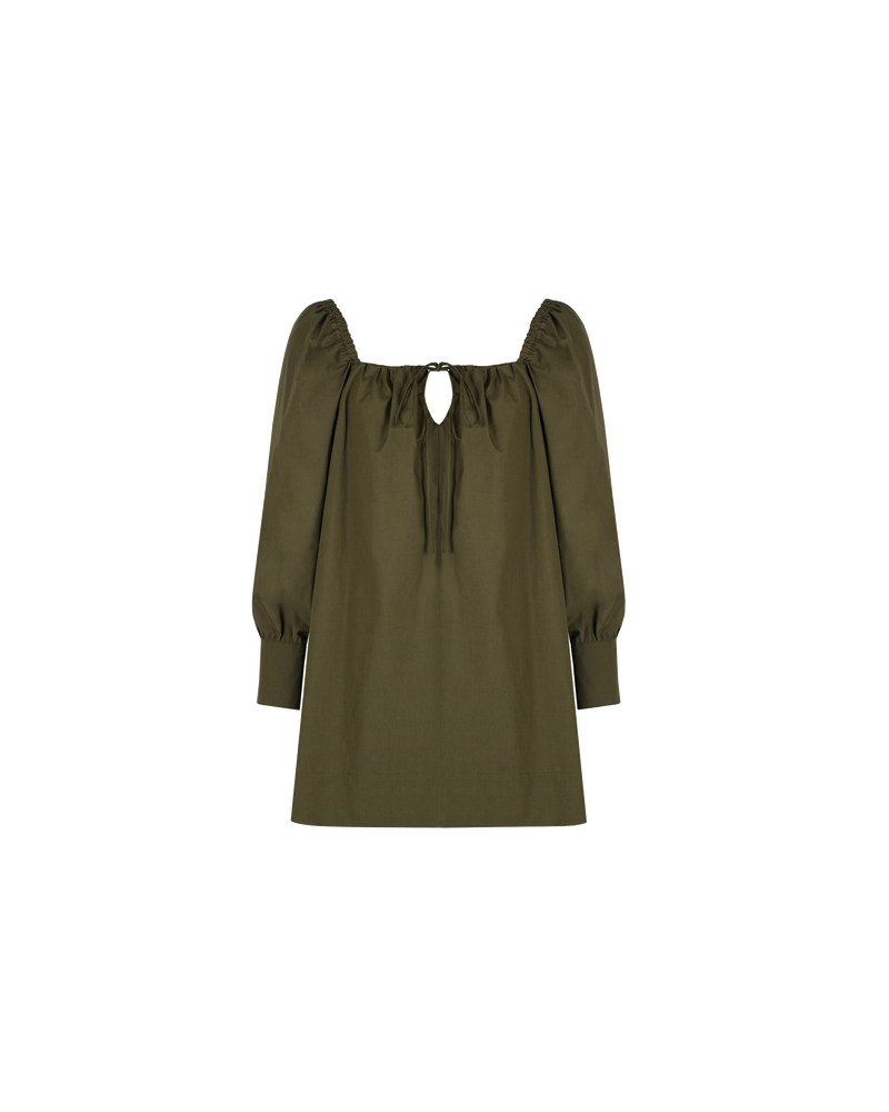 HERO MINIDRESS OLIVE | Cotton square neck minidress featuring a keyhole at the neckline, sleeve cuffs and slight A-line shape. The sleeves are elasticated at the shoulder for a subtle puff that gives shape to...
