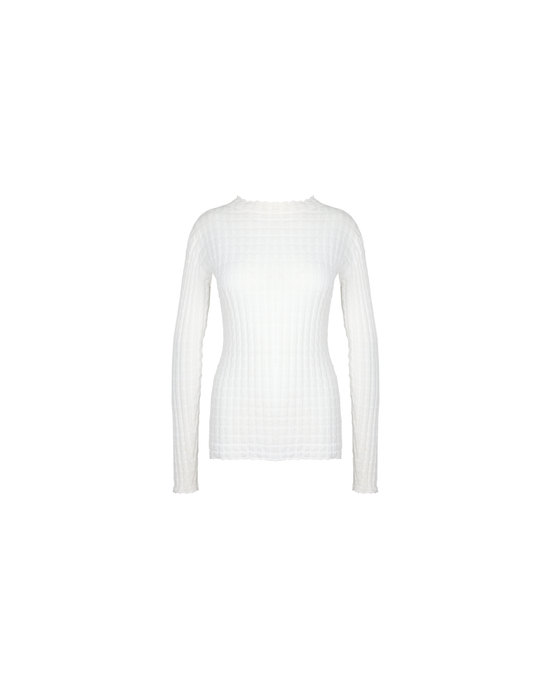 HONEYCOMB LONG SLEEVE IVORY | 
Long sleeve top knitted with a textured ribbed stitch that creates a honeycomb look throughout the fabric. Features a mock neck and sits just on the hip.