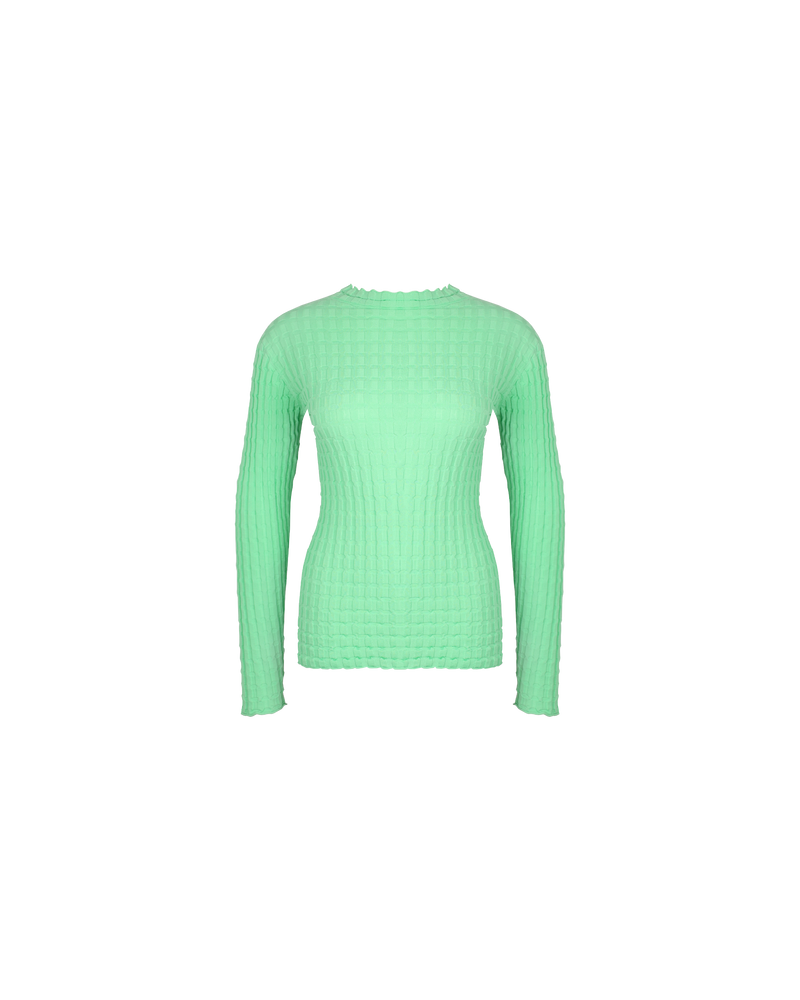 HONEYCOMB LONG SLEEVE LIME | 
Long sleeve top knitted with a textured ribbed stitch that creates a honeycomb look throughout the fabric. Features a mock neck and sits just on the hip.