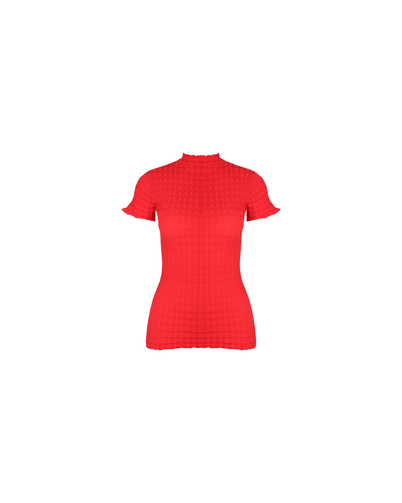 HONEYCOMB T-SHIRT RED | Knitted t-shirt with a textured ribbed stitch that creates a honeycomb look throughout the fabric. Features a mock neck and sits just on the hip.