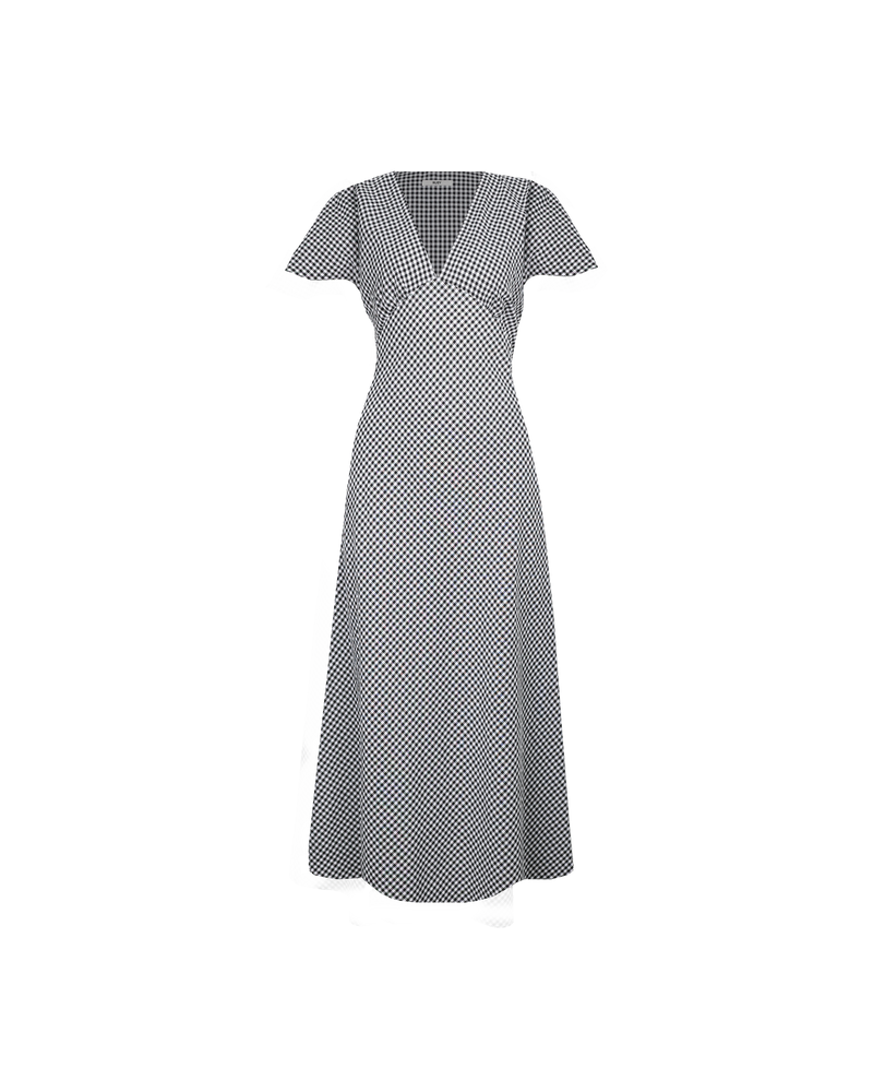HONEY MIDI DRESS BLACK GINGHAM | V-neck midi dress, made in a lightweight cotton gingham. Fitted around the waist flowing to an A-line skirt, this dress is a timeless piece.