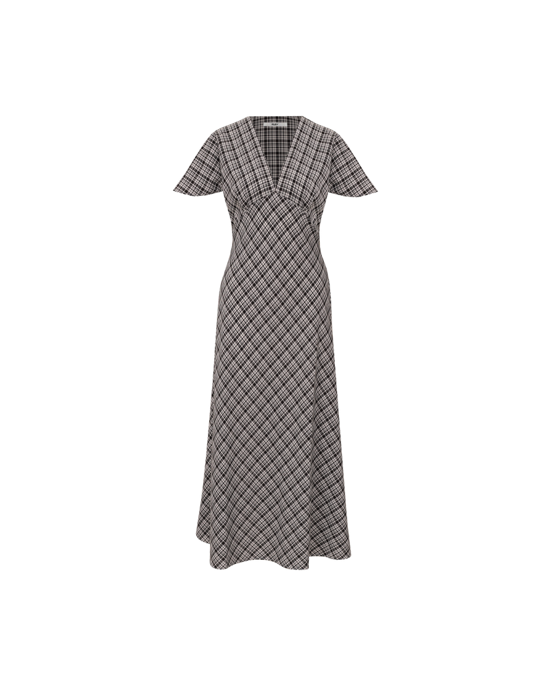 HONEY MIDI DRESS BLACK CHECK | V-neck midi dress, made in a lightweight cotton check. Fitted around the waist flowing to an A-line skirt, this dress is a timeless piece.