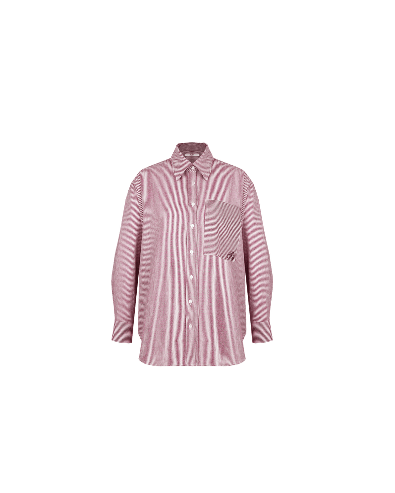 IDA SHIRT CHERRY STRIPE | Oversized crisp shirt with classic shirt detailing and a large contrast stripe pocket, designed in a cherry striped cotton. This piece is a timeless wardrobe staple that you will wear...