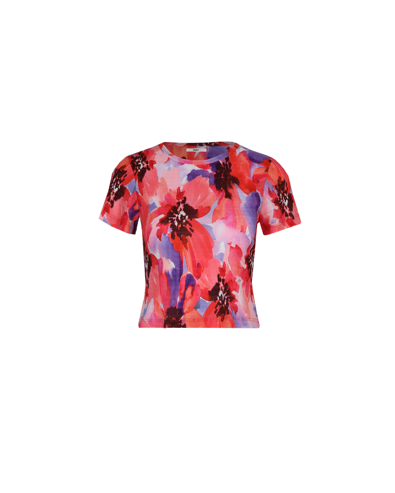 JAQUETTA CRINKLE T-SHIRT POPPY FLORAL | Fitted baby tee designed in our red and purple poppy floral. The fabric of this tee is a light-weight crinkle fabric with stretch, which compliments the floral print.