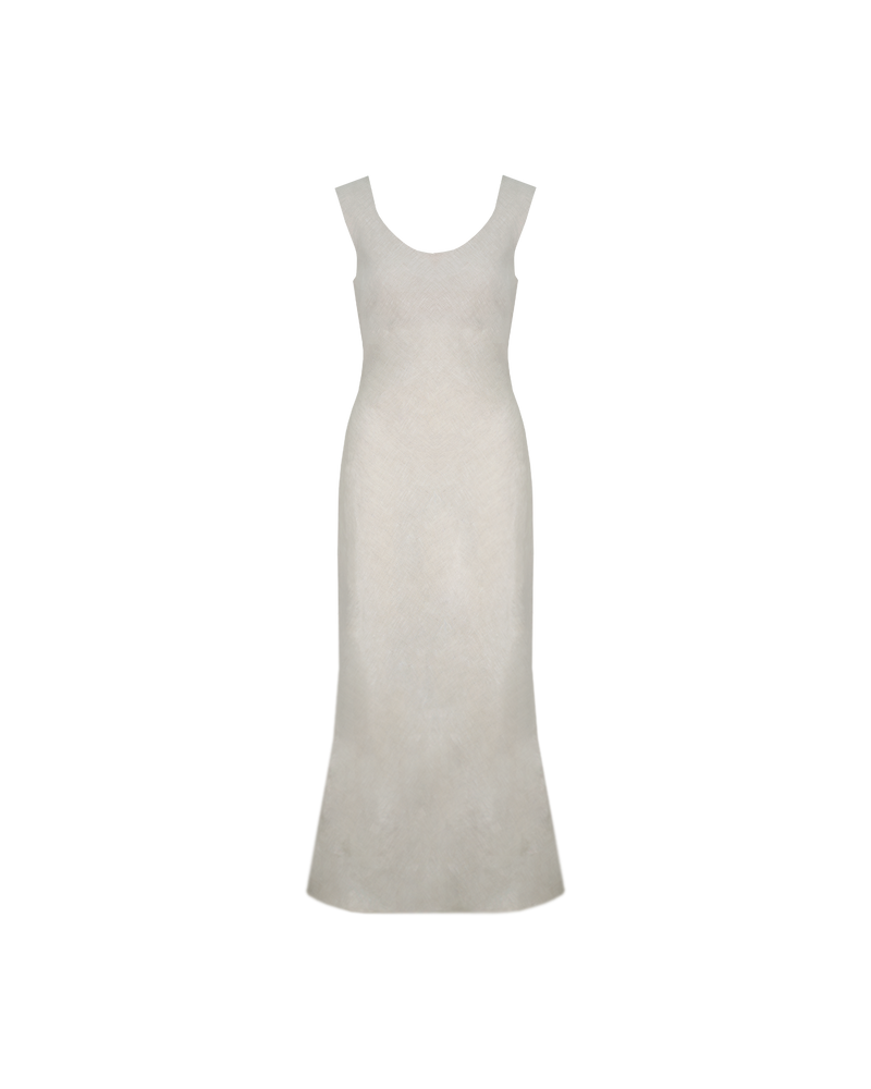JAQUETTA LINEN SLIP NATURAL | Cap-sleeve linen midi dress with a side split, designed in a natural colour. Cut on the bias with a built in waist tie, this dress skims the figure while allowing you to...