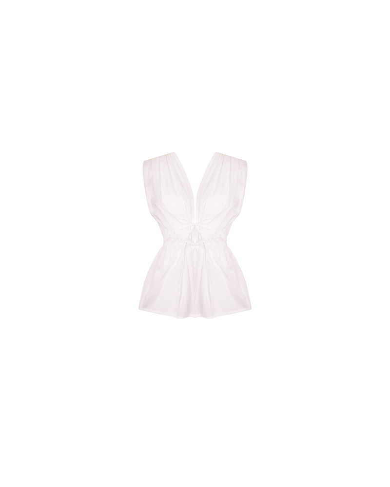 JEWEL TIE TOP WHITE | Sleeveless top with a plunge neckline, triple drawstring detail at the waist, and a front split. Use the drawstrings to style the top more open as the model wears or...