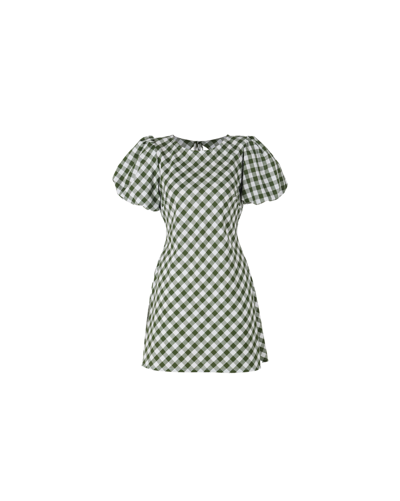 JORDAN GINGHAM MINIDRESS KHAKI GINGHAM | Bias cut cotton minidress with puff sleeves and a keyhole tie closure at the back neck. This piece is the same cut as our much loved Kendall Linen Minidress, reimagined...