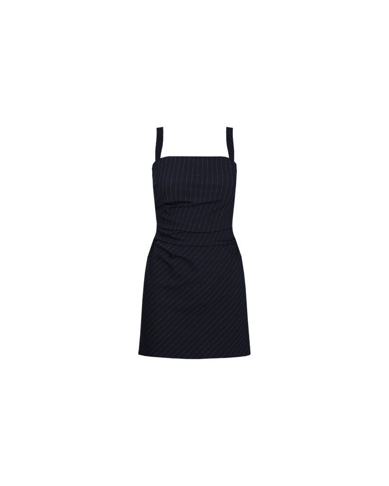 JUPITER MINI DRESS NAVY PINSTRIPE | Wide-strap mini dress with a square neckline designed in a navy pinstripe fabric. Features a fitted bodice with deep waist tucks to create shape, while the pinstripe print creates texture...