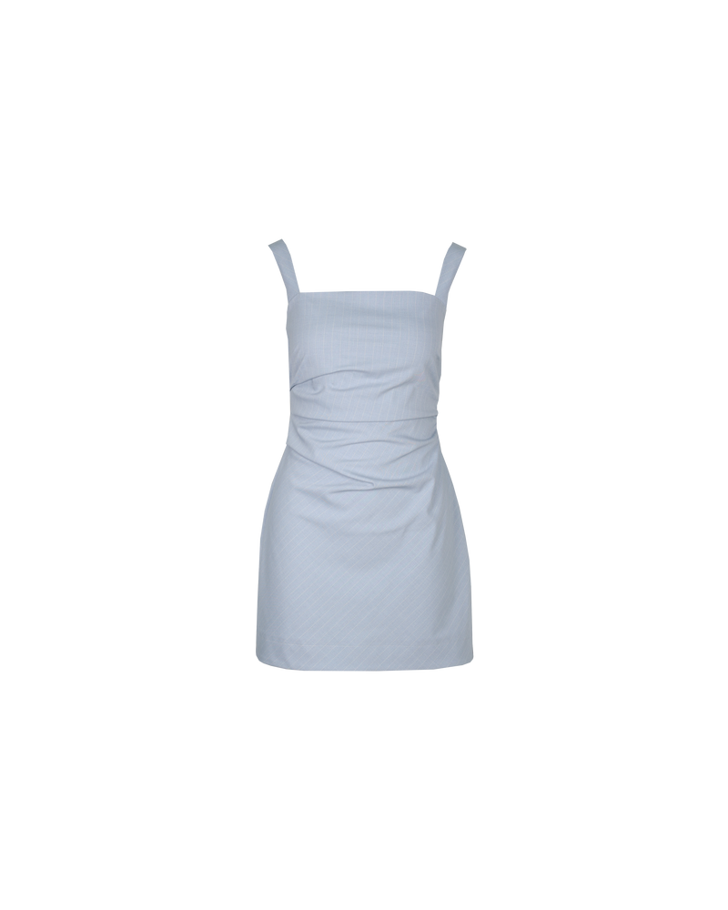 JUPITER MINIDRESS POWDER PINSTRIPE | Wide-strap minidress with a square neckline designed in a stretch pinstripe fabric. Features a fitted bodice with deep waist tucks to create shape, this is truly the perfect dress.