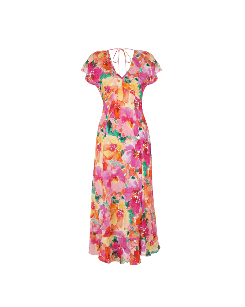 KATA SILK MIDI DRESS FLORAL | Bias cut midi dress with soft cap sleeves and a ruffled hem, crafted in a vibrant floral silk. The panelling in the dress creates a beautiful drape that complements the...