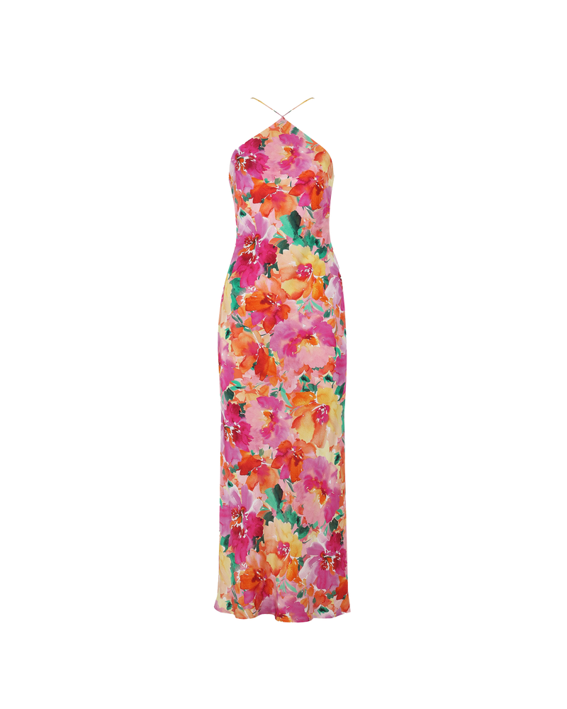 KATA SILK SLIP FLORAL | Bias cut silk slip crafted in a vibrant floral. The high strappy neckline of this piece adds a structured aesthetic to the otherwise soft silhouette.