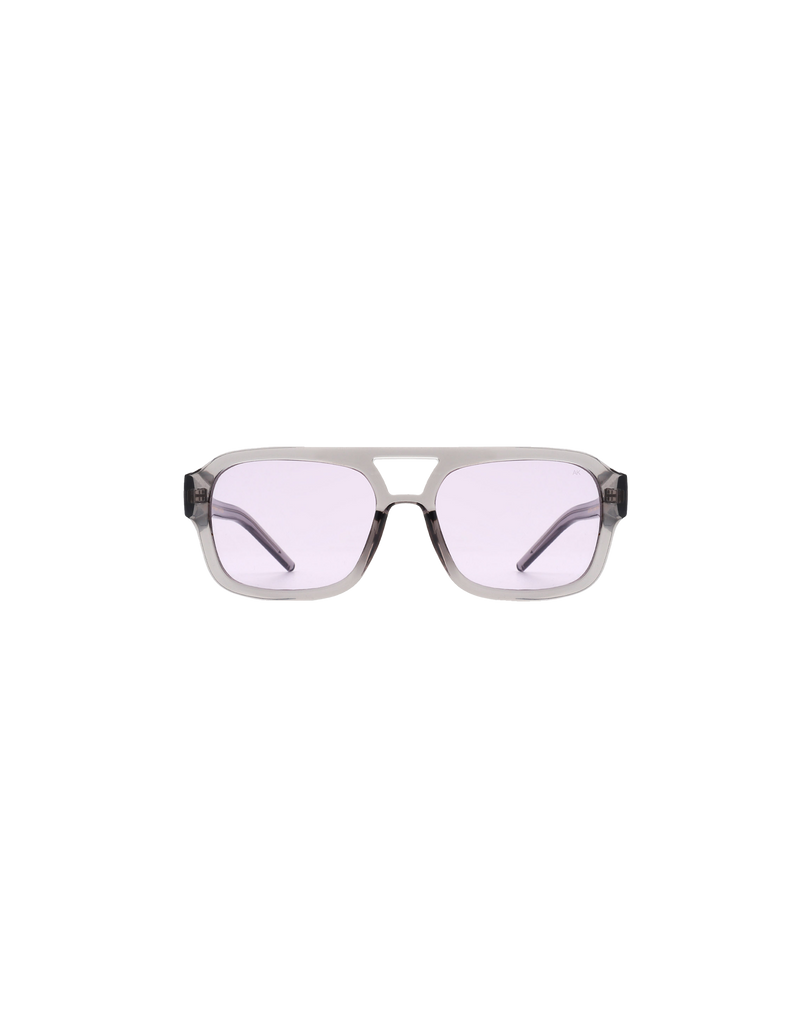 KAYA SUNGLASS GREY | 70's inspired aviator sunglass with grey frames and transparent purple lenses.