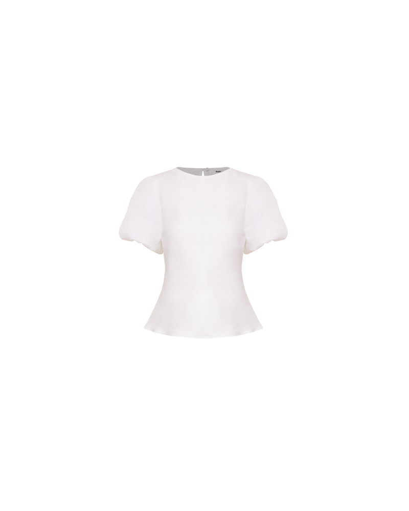 KENDALL LINEN TOP WHITE | Bias cut blouse with puff sleeves cut in a crisp white linen. It features a keyhole button closure at the back neck. The short sleeves are elasticated to create a...