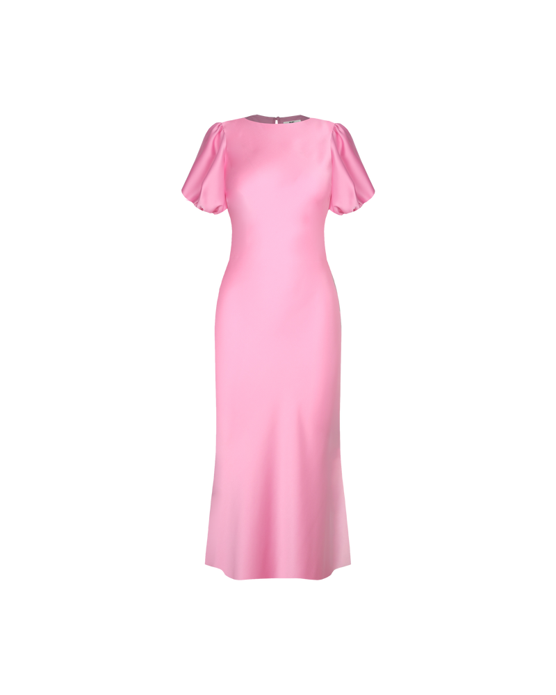 KENDALL SATIN DRESS CANDY | Bias cut satin midi dress with puff sleeves and a keyhole button closure at the back neck. The bias silhouette of this dress gently contours the body, while the satin...