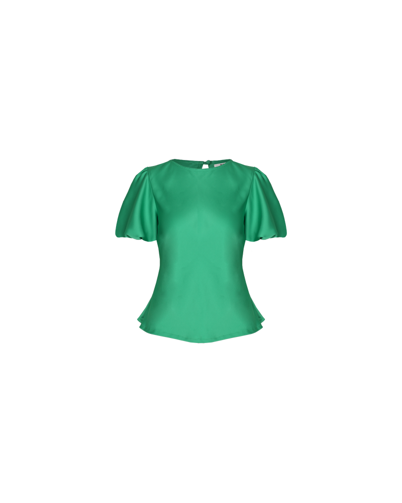 KENDALL SATIN TOP PARAKEET | Bias cut blouse with puff sleeves cut in a luxe emerald satin. It features keyhole button closure at back neck. The short sleeves are elasticated to create a voluminous puff...