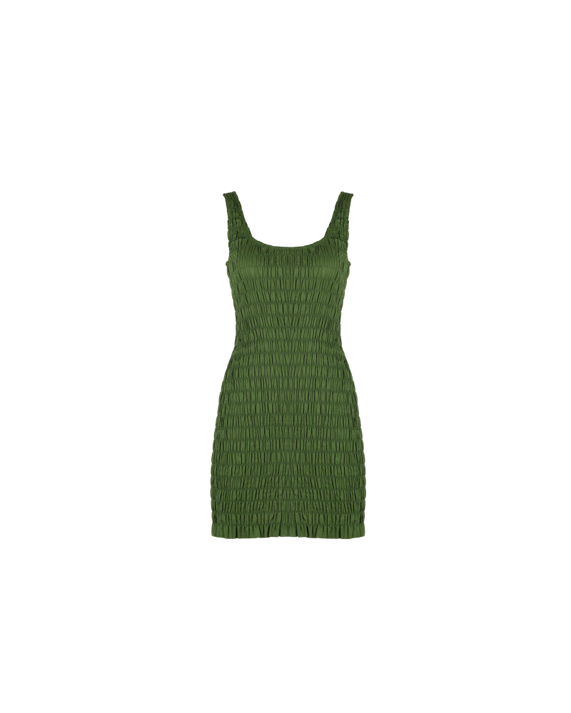KLEIN MINIDRESS OLIVE | Shirred minidress with a scoop neckline and ruffle hem detail. Cut from a olive cotton, the shirring adds texture to the piece while also ensuring it fits closely to the...