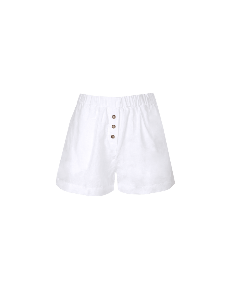 KOS LINEN SHORT WHITE | Boxer style short designed in a crisp white linen. Features a faux button-down fly and a wide elastic waistband to emphasise the casual vibe. Pair this with the Kos Linen...