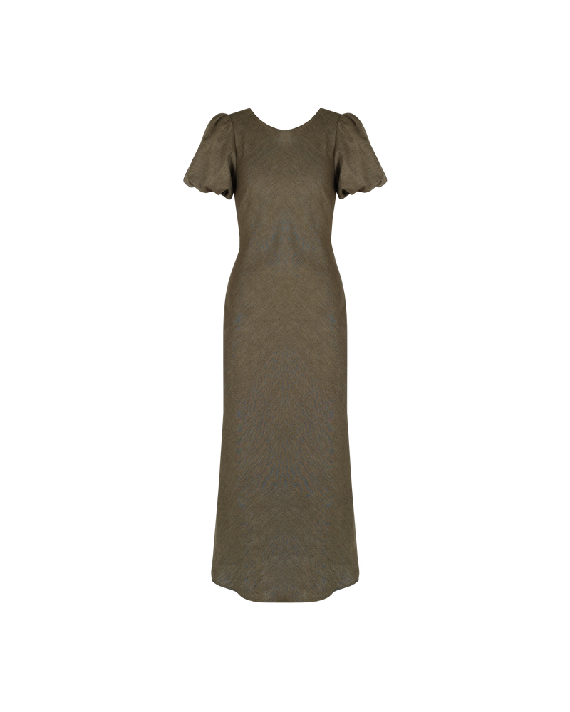 KOS LINEN DRESS KHAKI | An update on a much loved Rubette favourite, the Kos Linen Dress is a bias cut dress with a subtle puff sleeve and cut out back with neck-ties. Cut from...