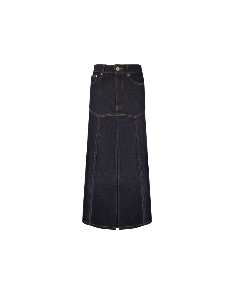 KURT DENIM SKIRT UNWASHED | A-line basque style skirt, design in a soft raw denim. This skirt has contrast stitching, pockets and a front split for ease of movement.