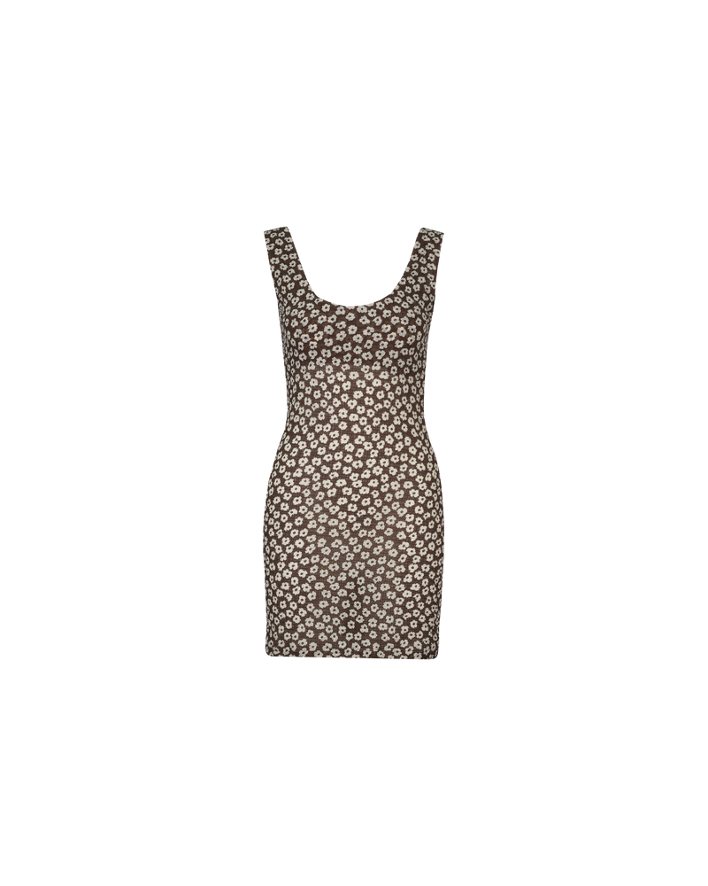 LANE CRINKLE MINIDRESS BROWN DAISY | Tank style minidress designed in brown crinkle floral fabric. This dress has a round neckline and skims the figure.