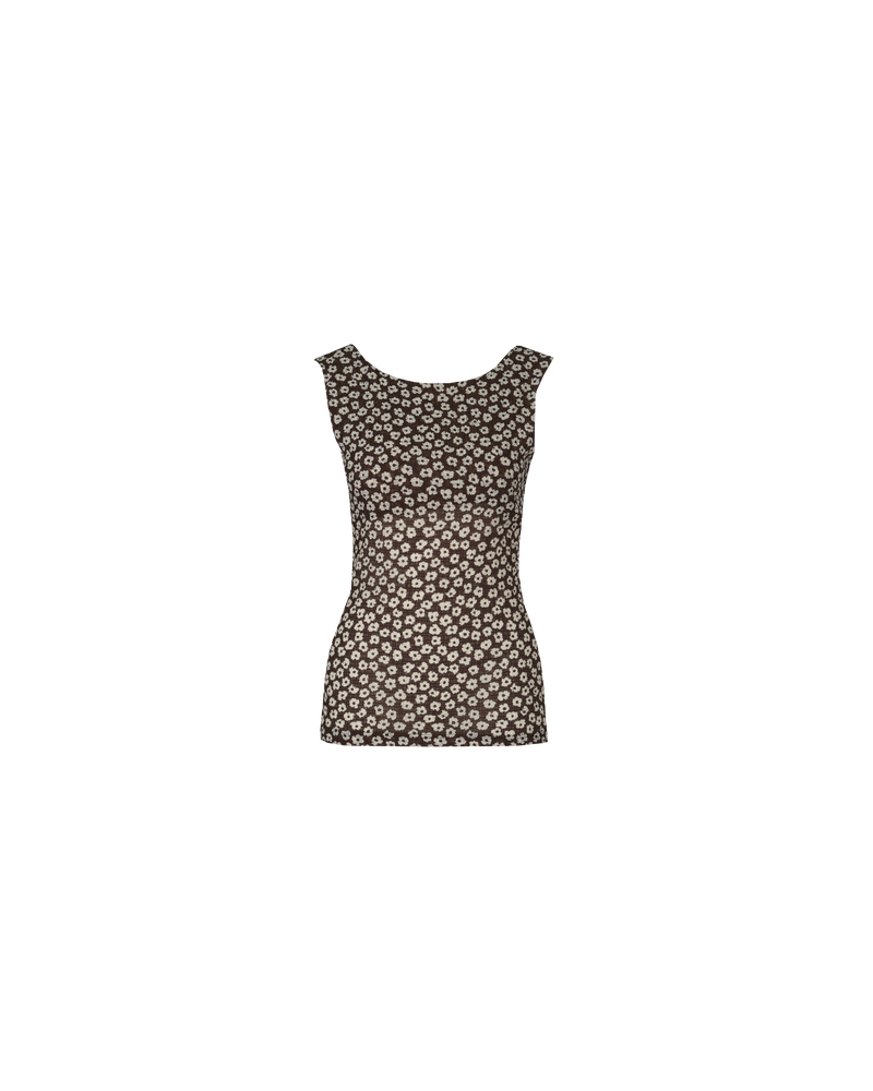 LANE CRINKLE TANK BROWN DAISY | Sleeveless round-neck tank designed in a brown daisy crinkle fabric. This tank features a dropped back that has wide straps. Make it a set with the Lane Crinkle Skirt.