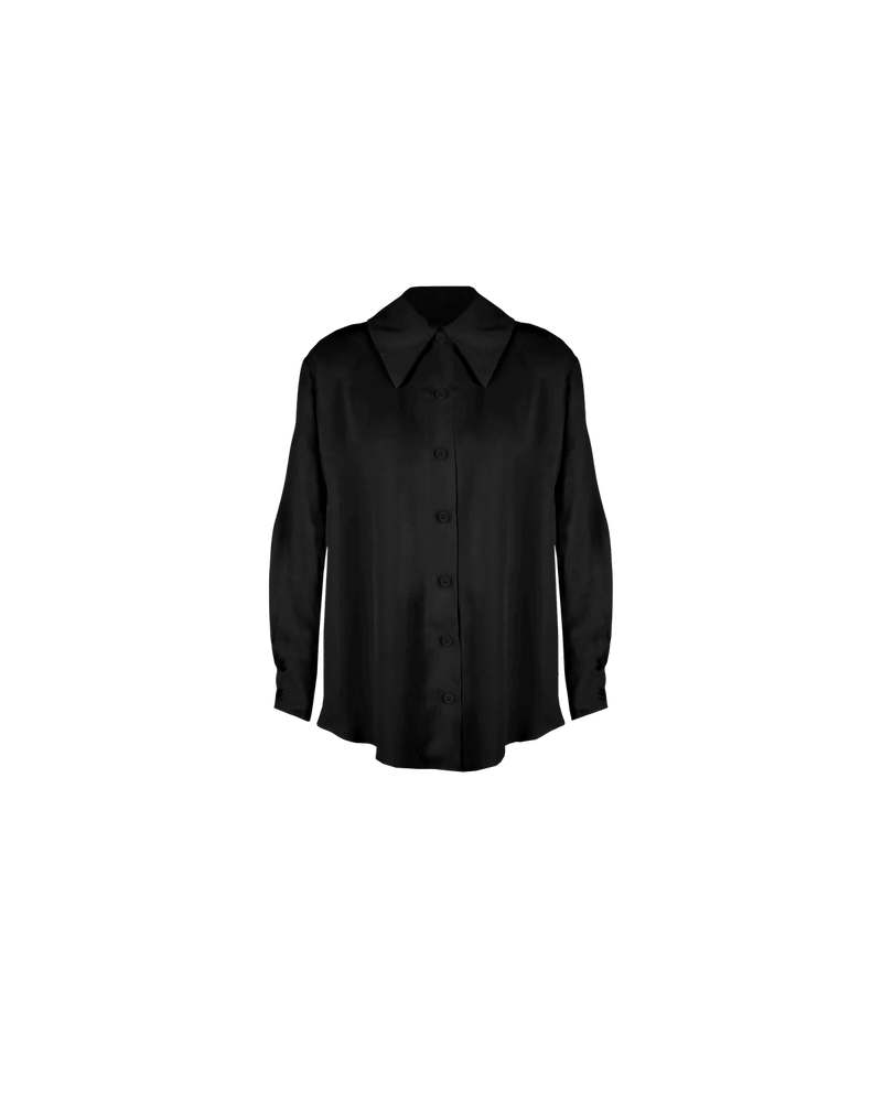 JOHARI SHIRT BLACK | Oversized drop shoulder shirt with long sleeves. With an exaggerated collar and sleeve cuffs that button into tucks, cut from a lustrous black cupro. This Johari shirt has been sewn...