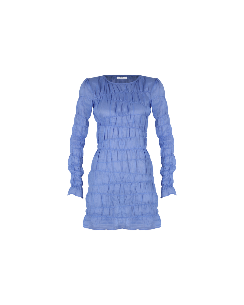LILLIE MINIDRESS BLUE IRIS | Elasticated longsleeve minidress with a frill hem, made in a delicate translucent iris coloured ramie voile. The elastic gathering throughout this dress creates a textured look that contrasts with the...