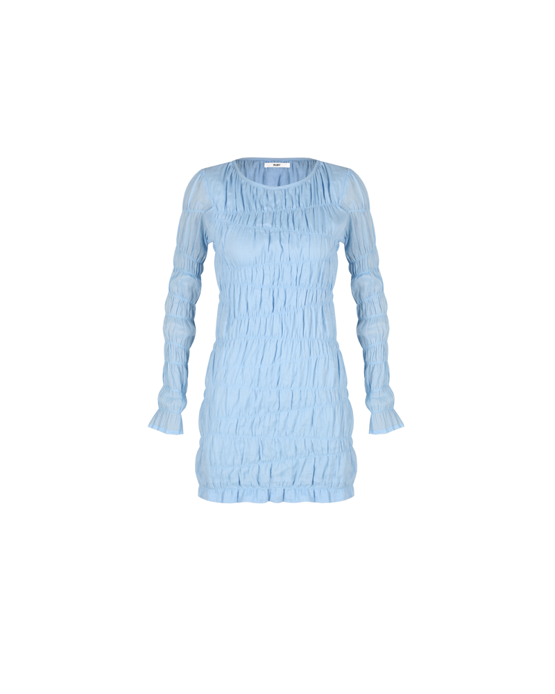 LILLIE MINIDRESS BLUE | Elasticated longsleeve minidress with a frill hem, made in a delicate translucent iris coloured ramie voile. The elastic gathering throughout this dress creates a textured look that contrasts with the gauzy nature...