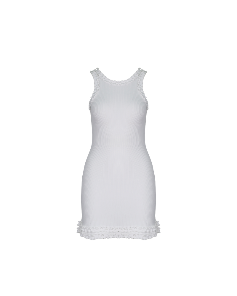 LOLLO MINI DRESS WHITE | Ribbed knit mini dress with a feature 'lettuce' edging around the neckline, arm, and hem. An elevated basic designed for your slower summer days.