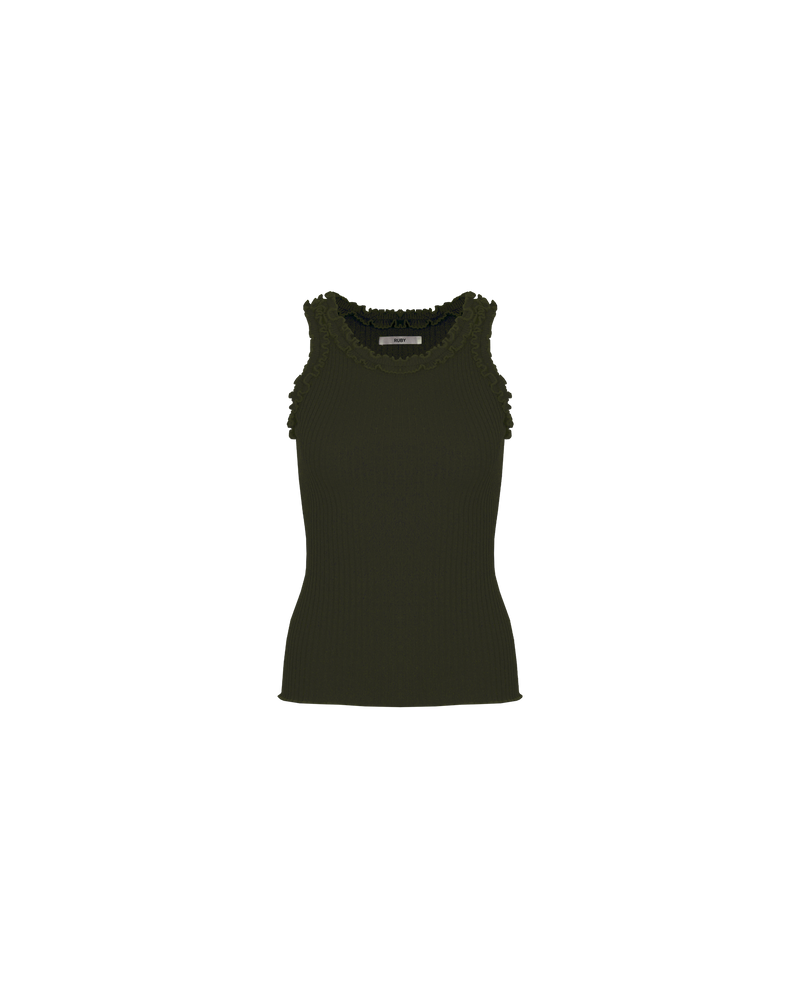 LOLLO TANK KHAKI | Ribbed knit singlet with a feature 'lettuce' edging around the neckline and arm holes. The perfect elevated basic for layering or worn on its own.