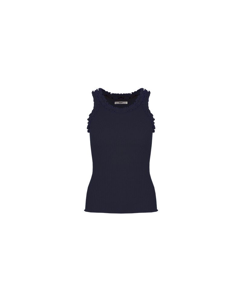 LOLLO TANK NAVY | Ribbed knit singlet with a feature 'lettuce' edging around the neckline and arm holes. The perfect elevated basic for layering or worn on its own.