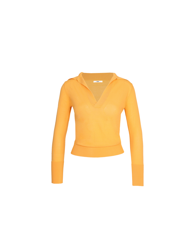 LOTTIE POLO SHIRT ORANGEADE | Longsleeve knit polo shirt with ribbed cuffs and hem and a v-neck in a vibrant orangeade colour. Perfect for layering or worn as a light sweater.