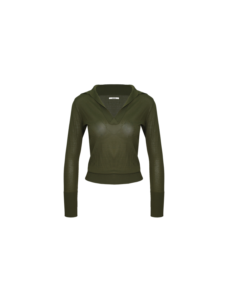 LOTTIE POLO SHIRT OLIVE | Longsleeve knit polo shirt with ribbed cuffs and hem and a v-neck in an olive  colour. Perfect for layering or worn as a light sweater.