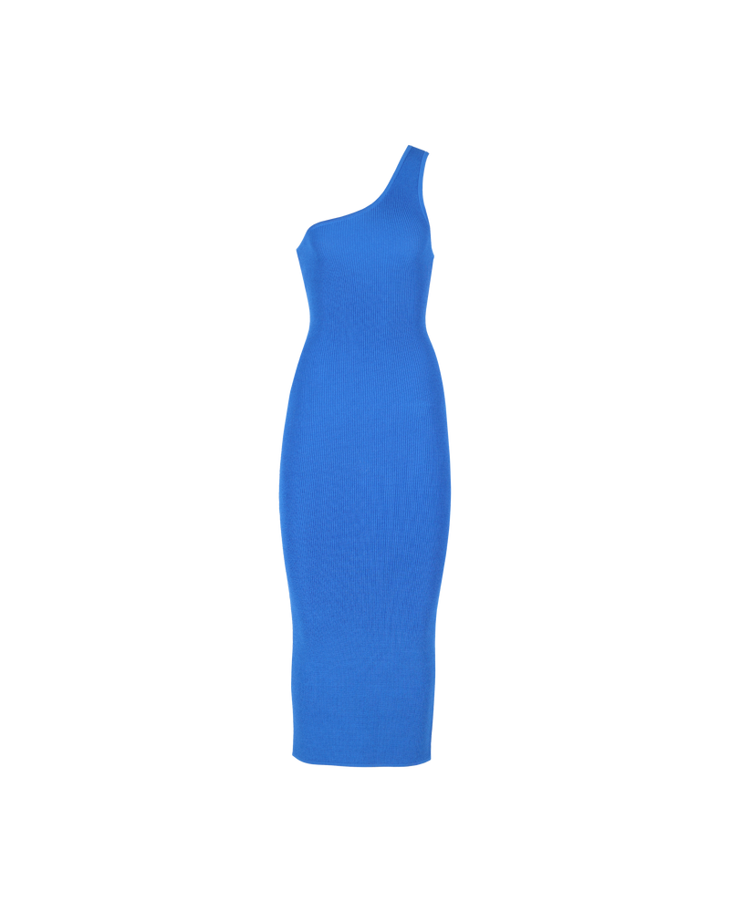 LOTUS MIDI DRESS BLUE | Asymmetrical one-shouldered midi dress with ribbing detail throughout. A staple basic in any Rubette's wardrobe, crafted in a striking cobalt blue.