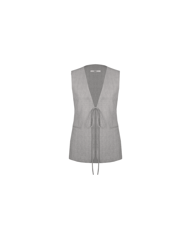 LOU TIE VEST GREY CHECK | V-neck vest top with a tie front closure imagined in a grey cross hatch suiting fabric. This vest can be worn on its own or layered over shirts & dresses...